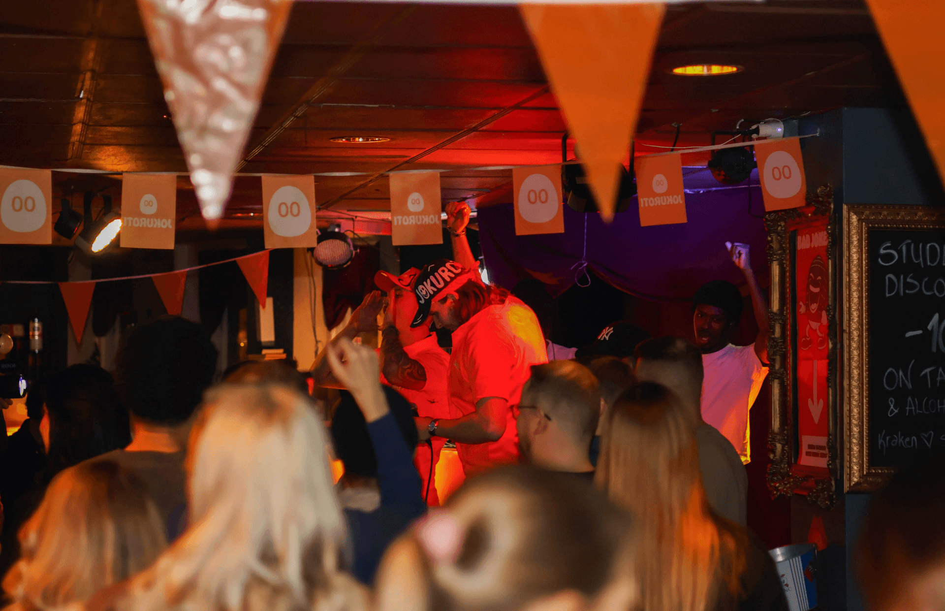 Nyt Joku Roti crew celebrating at a packed Helsinki event
